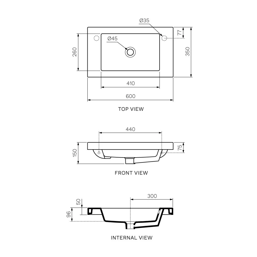 Blade 35 Wall Basin (600mm) Left Tap Hole - Image 2