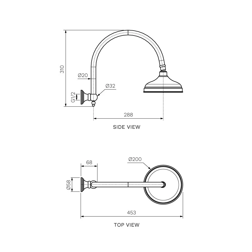 Hermitage Shower Head (200mm) & Curved Arm - Image 4