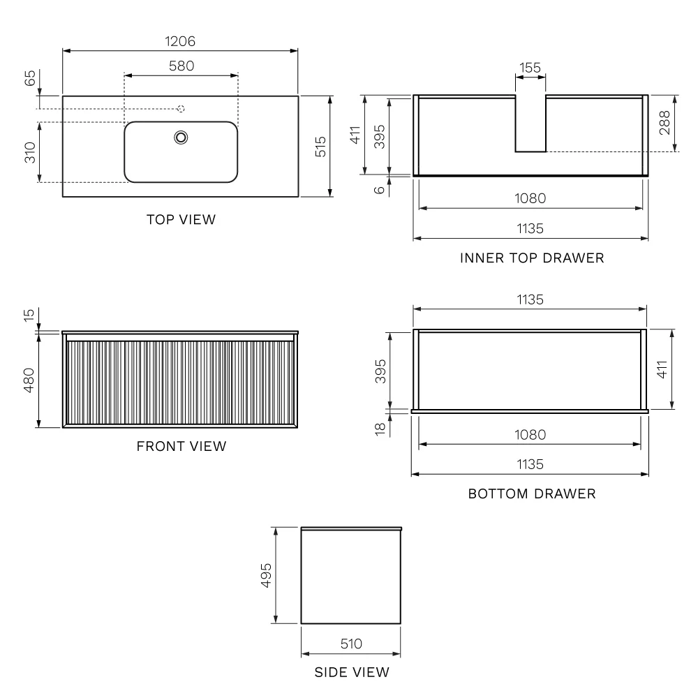 Jazz 1200 Wall Cabinet Matt White with Mineralmarmo Top - Image 5