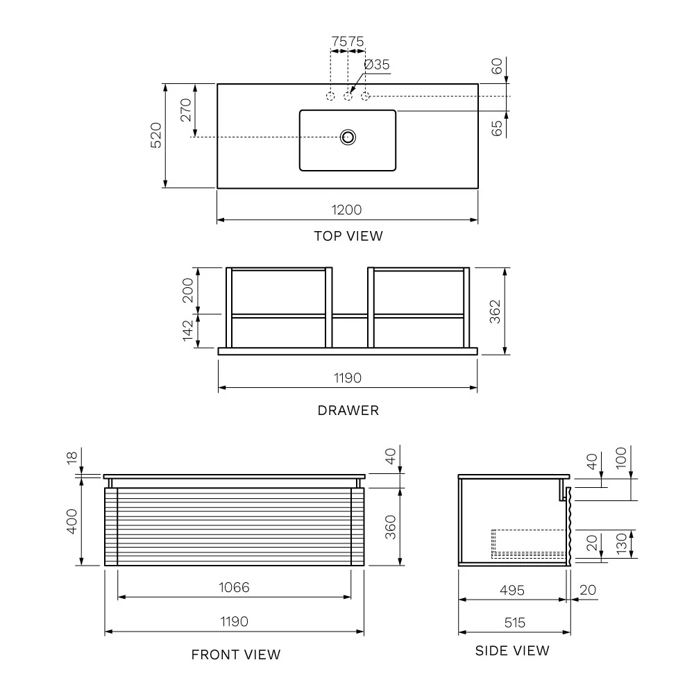 Loom 1200 Wall Cabinet with Marble Top and Wash Basin - Image 4