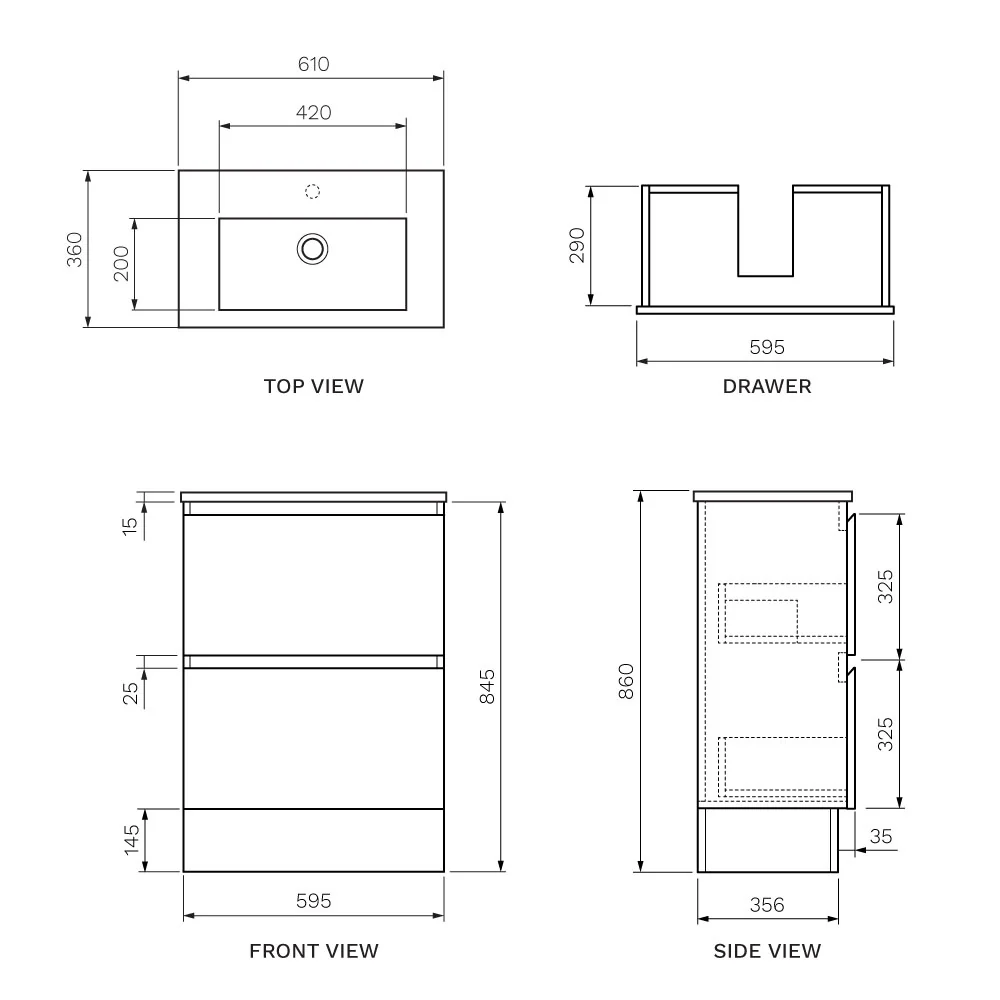 Pure Bianco Slim 600 Floor Cabinet 2 Drawer with Ceramic Top - Image 7