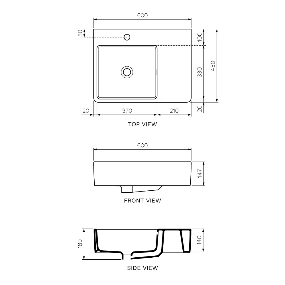 Quasar 600mm Bench Basin with Right Hand Shelf (Left Bowl) - Image 3