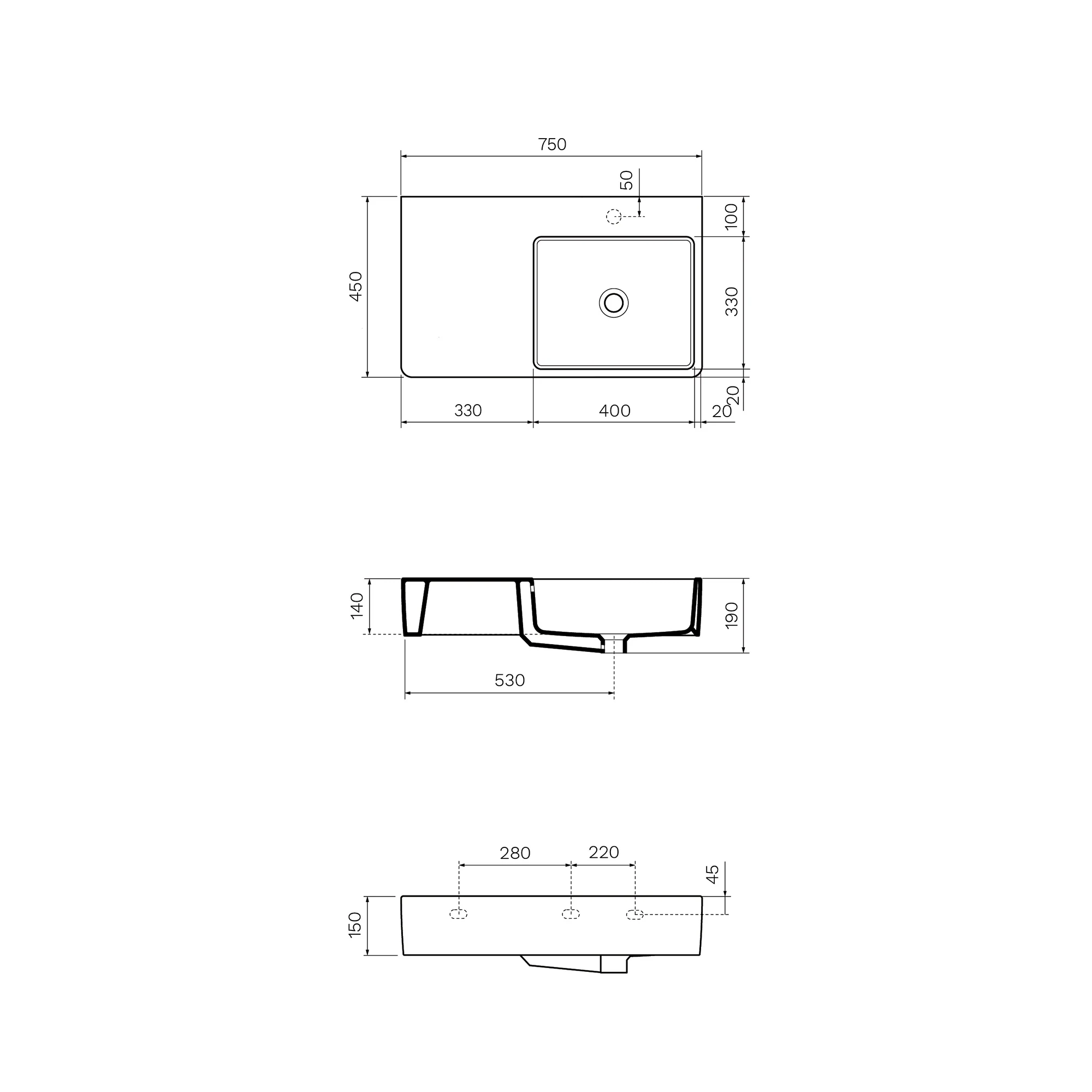 Quasar 750mm Wall Mounted Basin with Left Hand Shelf (Right Bowl) - Image 3