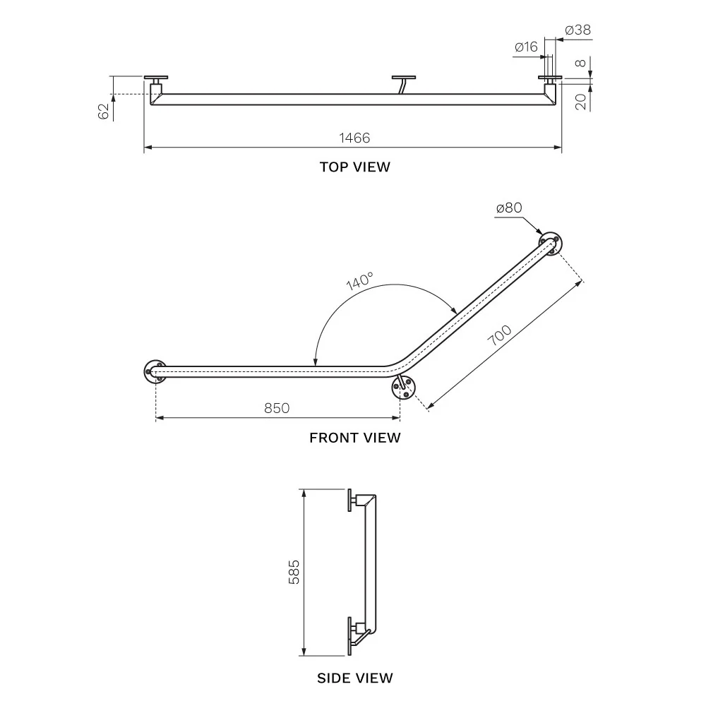 Stella Grab Rail 40⁰ Left Hand 850 x 700mm - Image 3